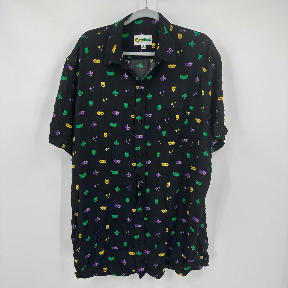 Tipsy Elves Mens Mardi Gras Mask Fleur De Lis Button Down Shirt Size XXL NOLA